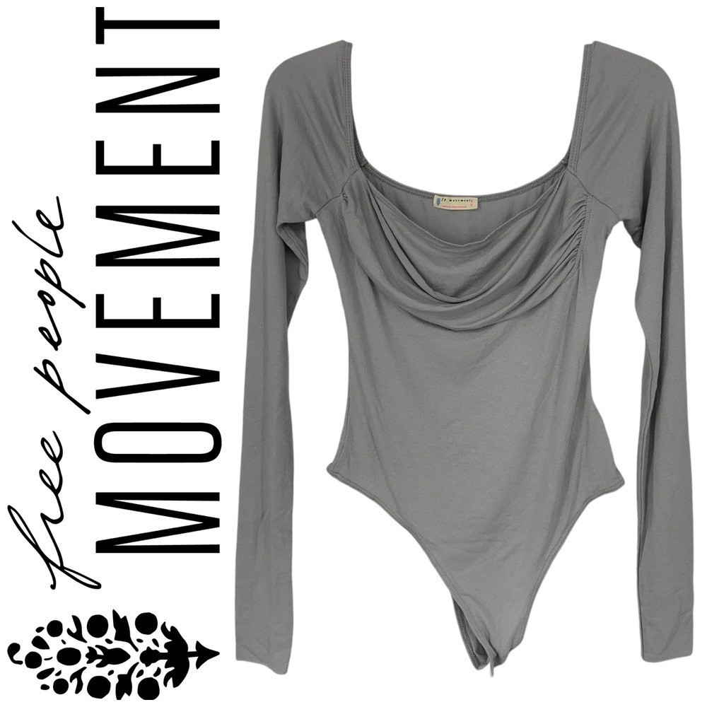 NEW Free People Movement Balletcore Bodysuit Drape Front Long Sleeve Gray Sz M